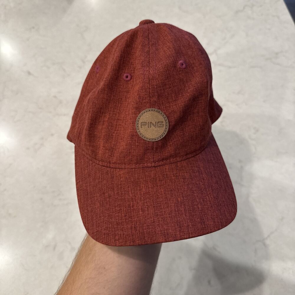 PING Mens Strapback Golf Hat Cap Red With Brown Leather Center Logo Spell Out